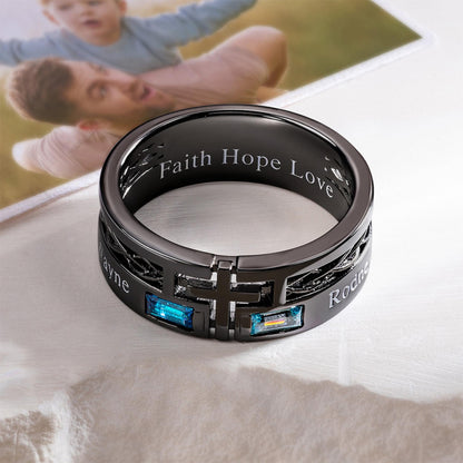 Engraved Cross Ring with Baguette Birthstones