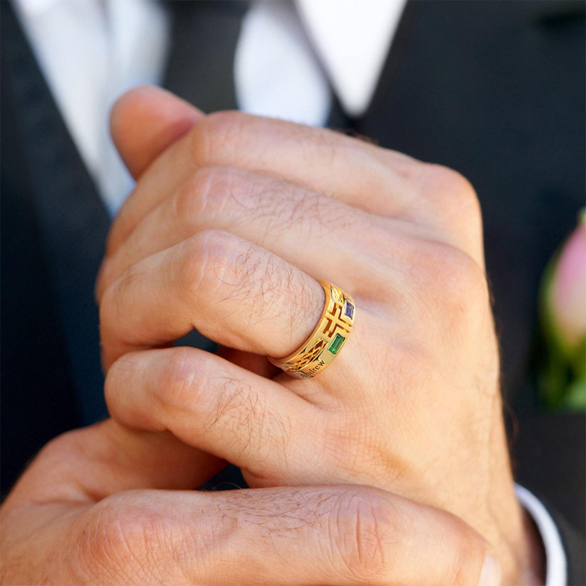 Engraved Cross Ring with Baguette Birthstones