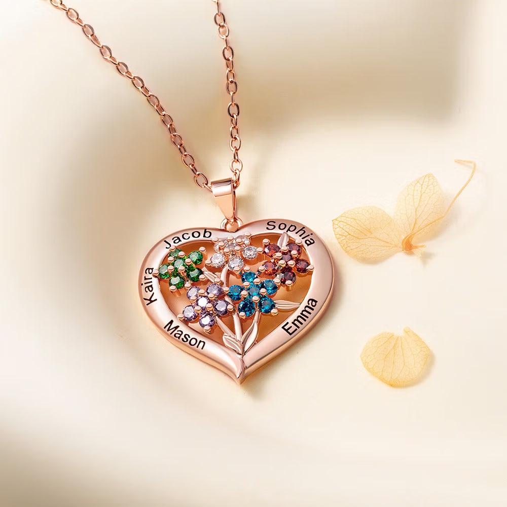 Family Heart Necklace with Names & Birthstones