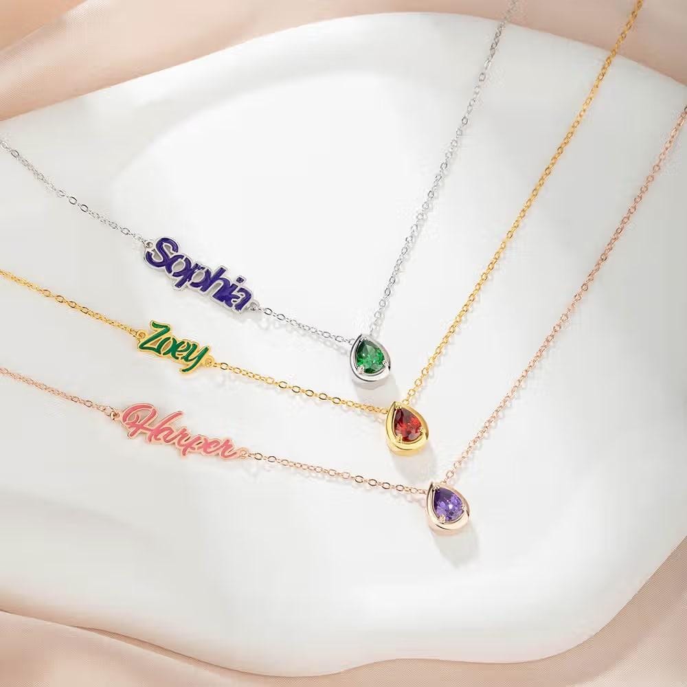 Enamel Name Necklace with Birthstone