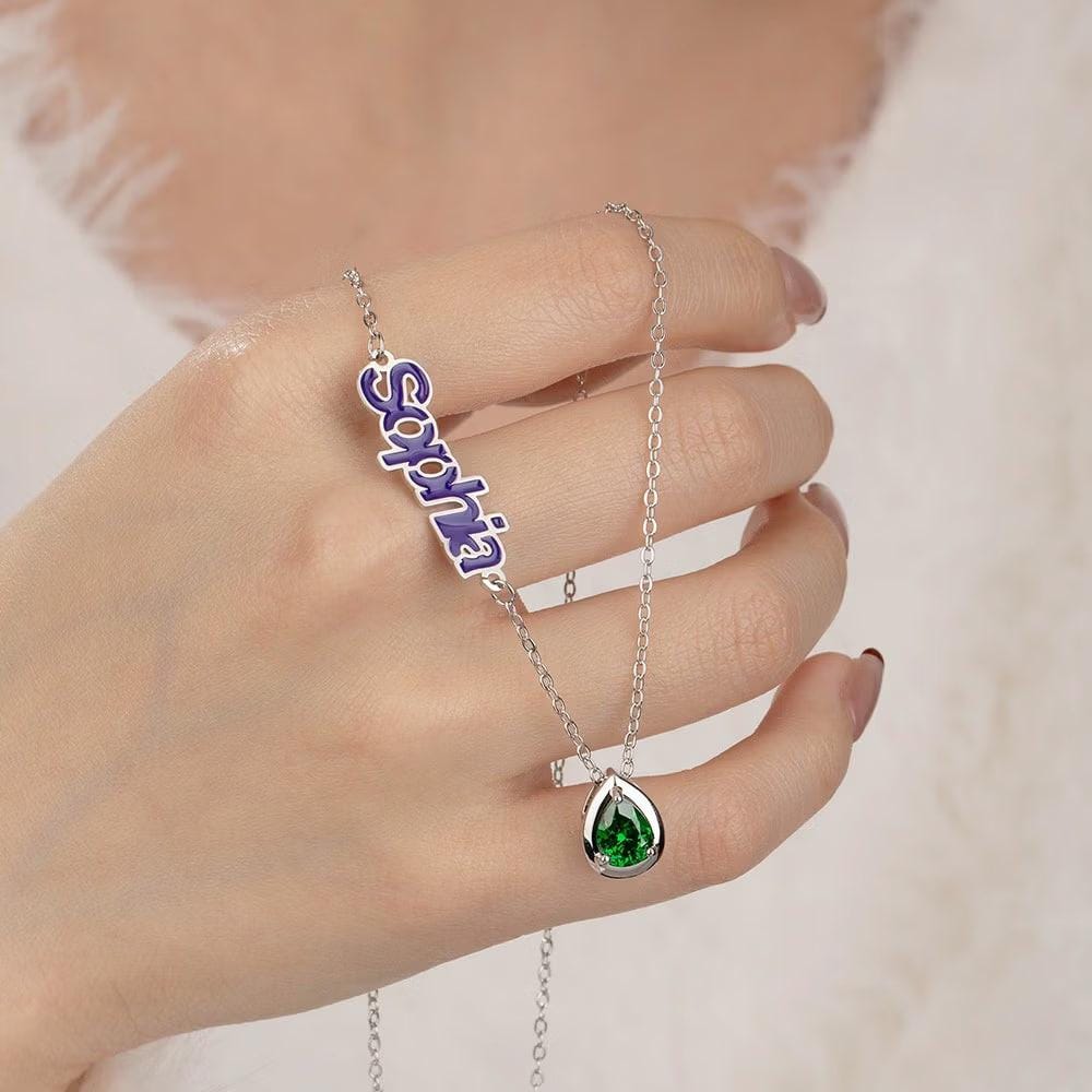 Enamel Name Necklace with Birthstone