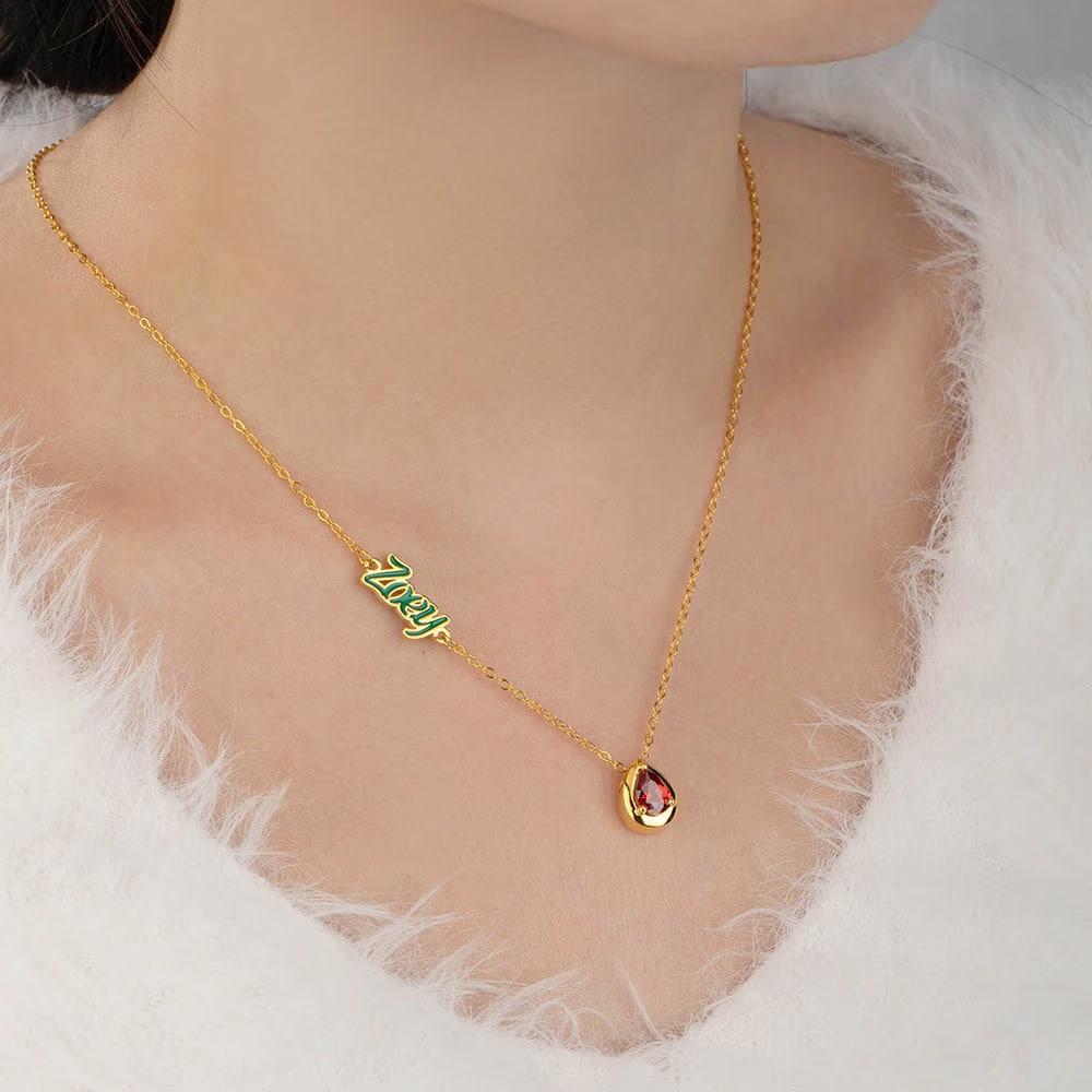 Enamel Name Necklace with Birthstone