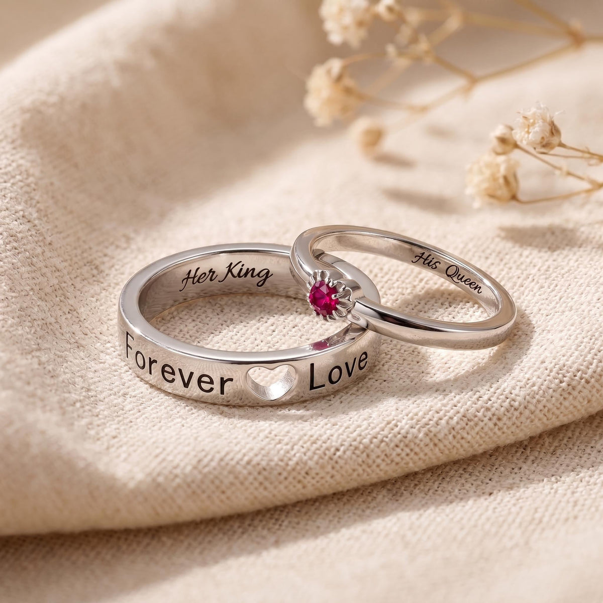 Personalized Couple Rings with Heart Birthstone