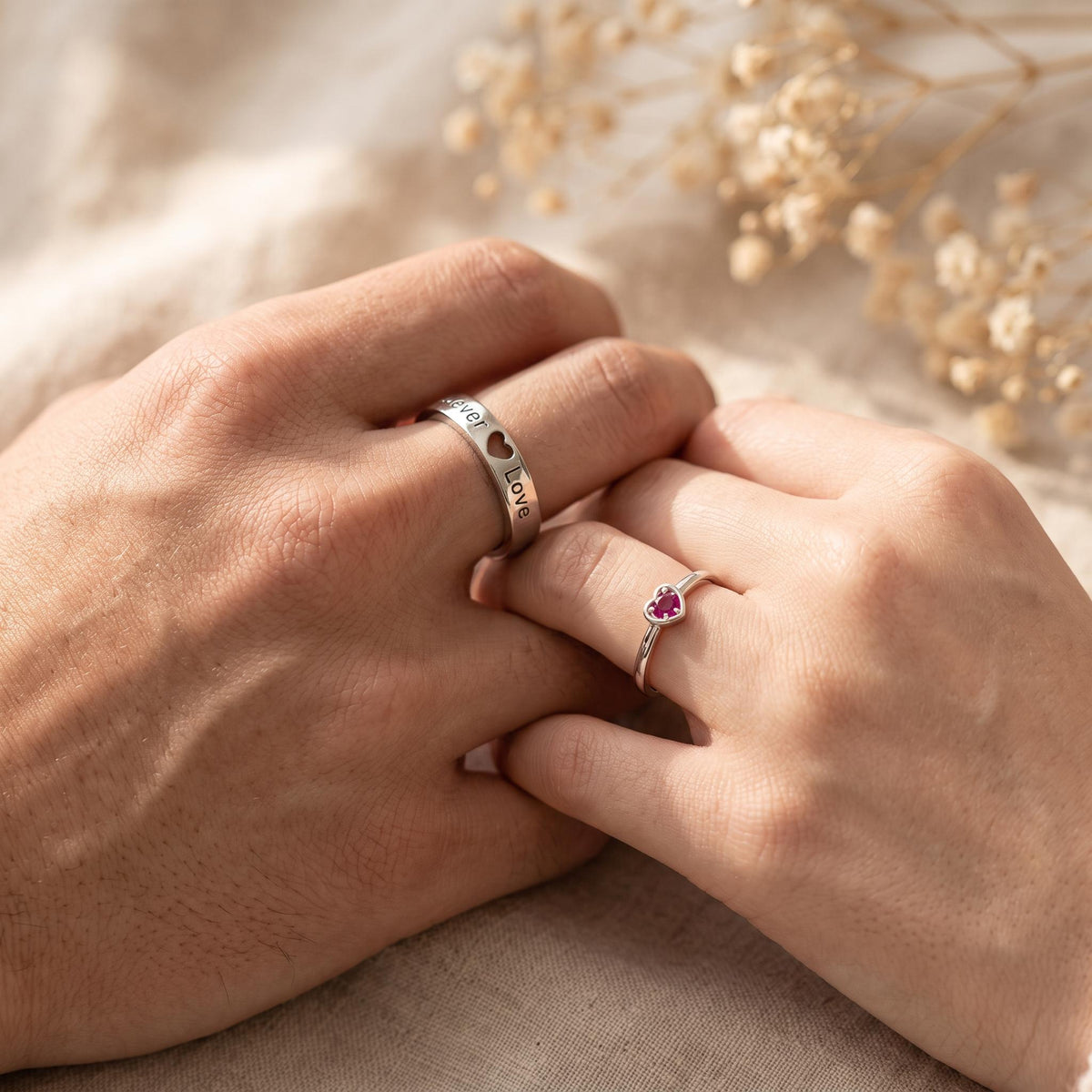 Personalized Couple Rings with Heart Birthstone