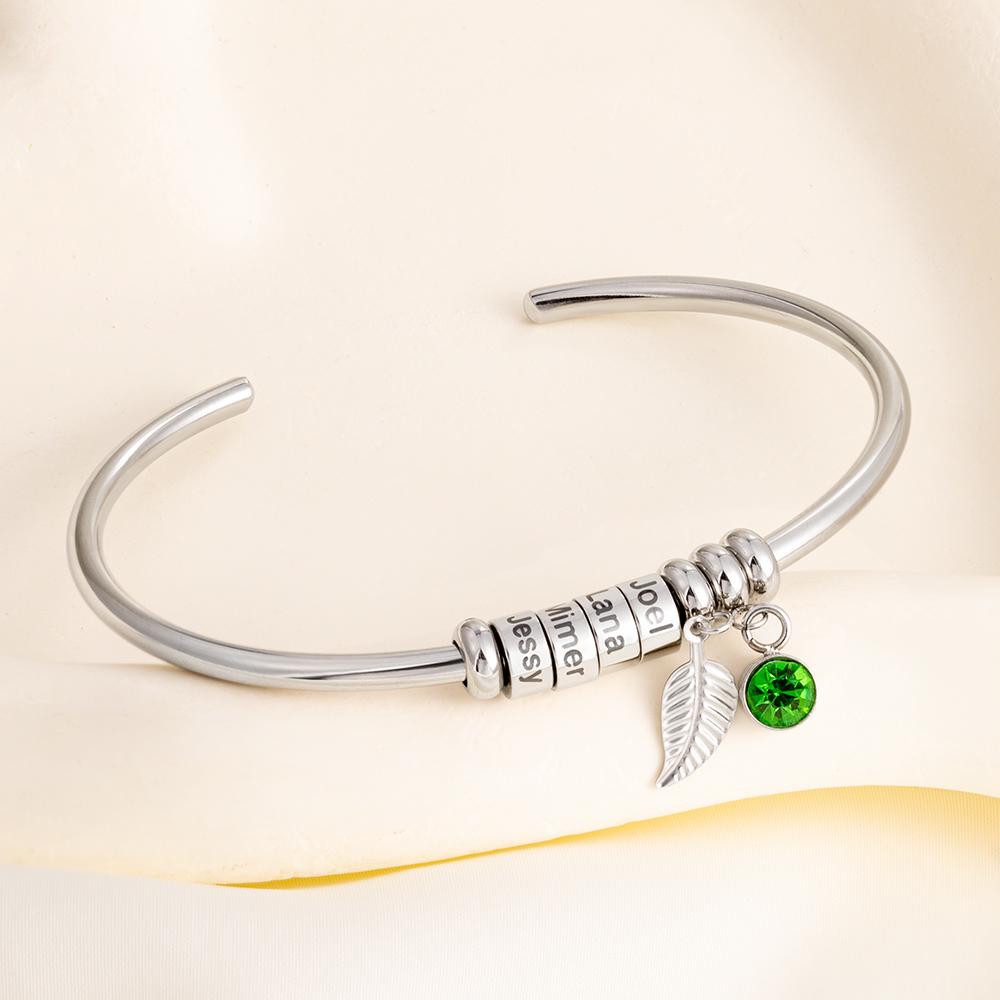 Custom Name Beads Birthstone Open Bangle