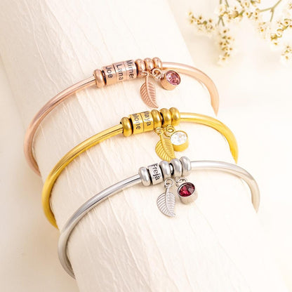 Custom Name Beads Birthstone Open Bangle