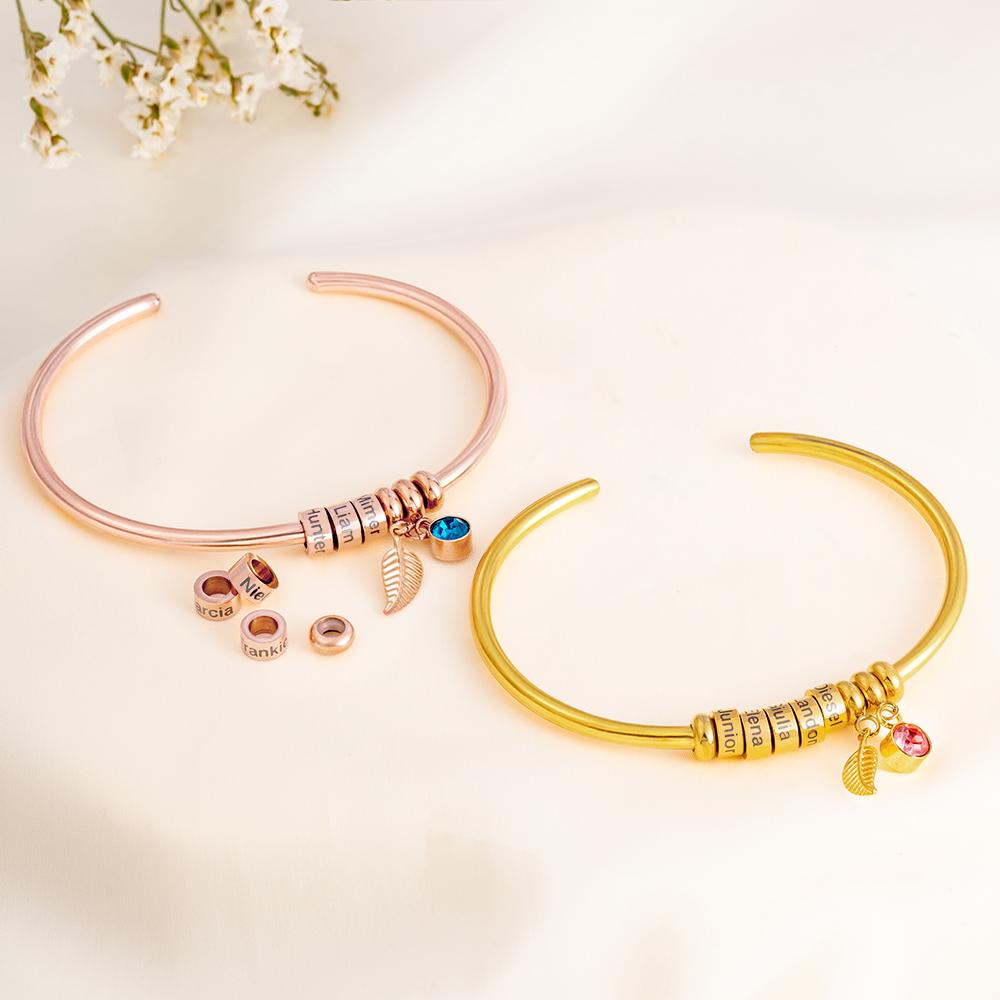 Custom Name Beads Birthstone Open Bangle