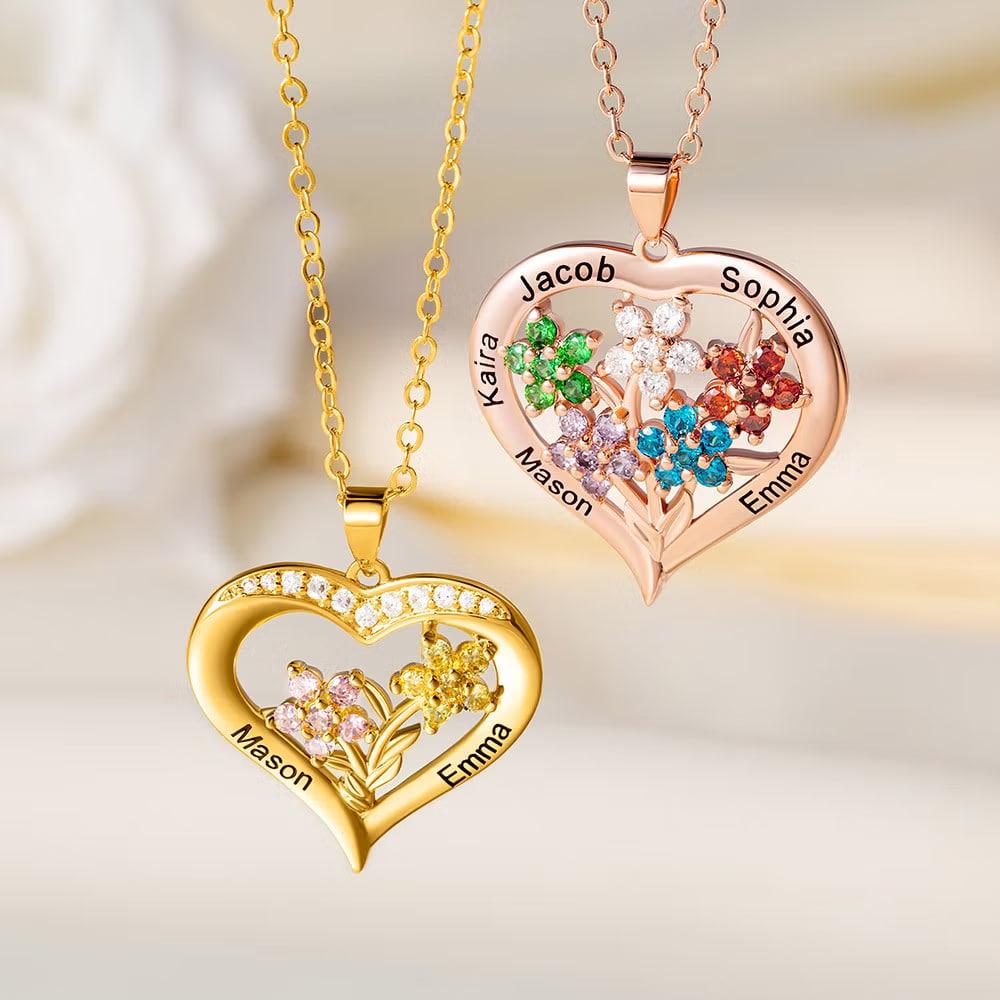 Family Heart Necklace with Names & Birthstones