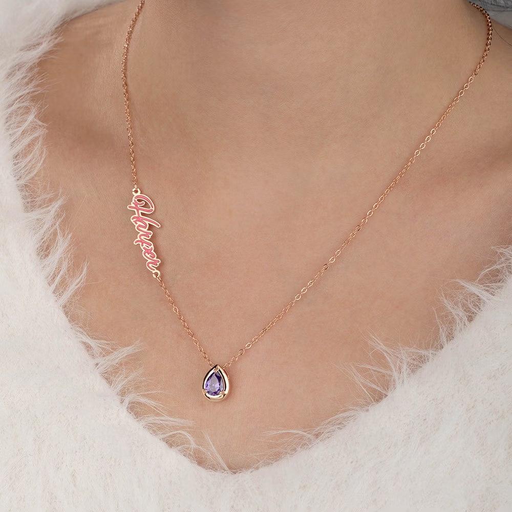 Enamel Name Necklace with Birthstone