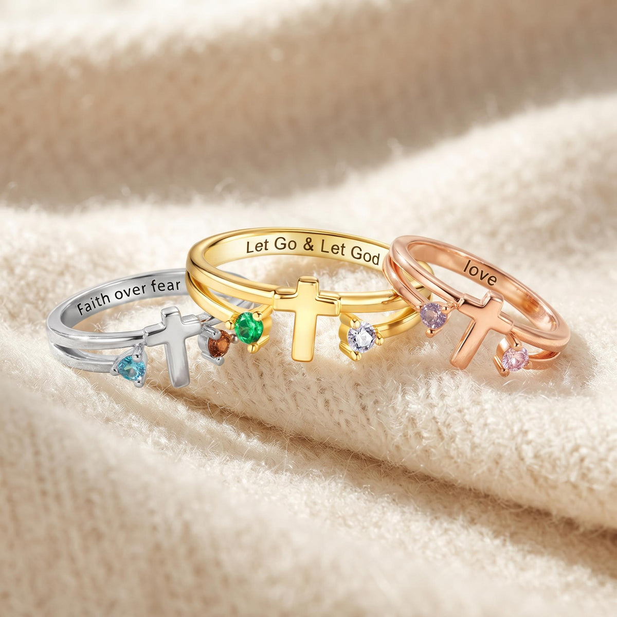 Custom Engraved Cross Ring with Two Birthstones