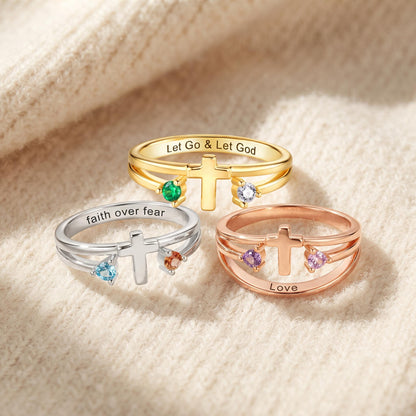 Custom Engraved Cross Ring with Two Birthstones