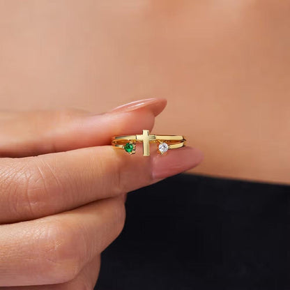 Custom Engraved Cross Ring with Two Birthstones