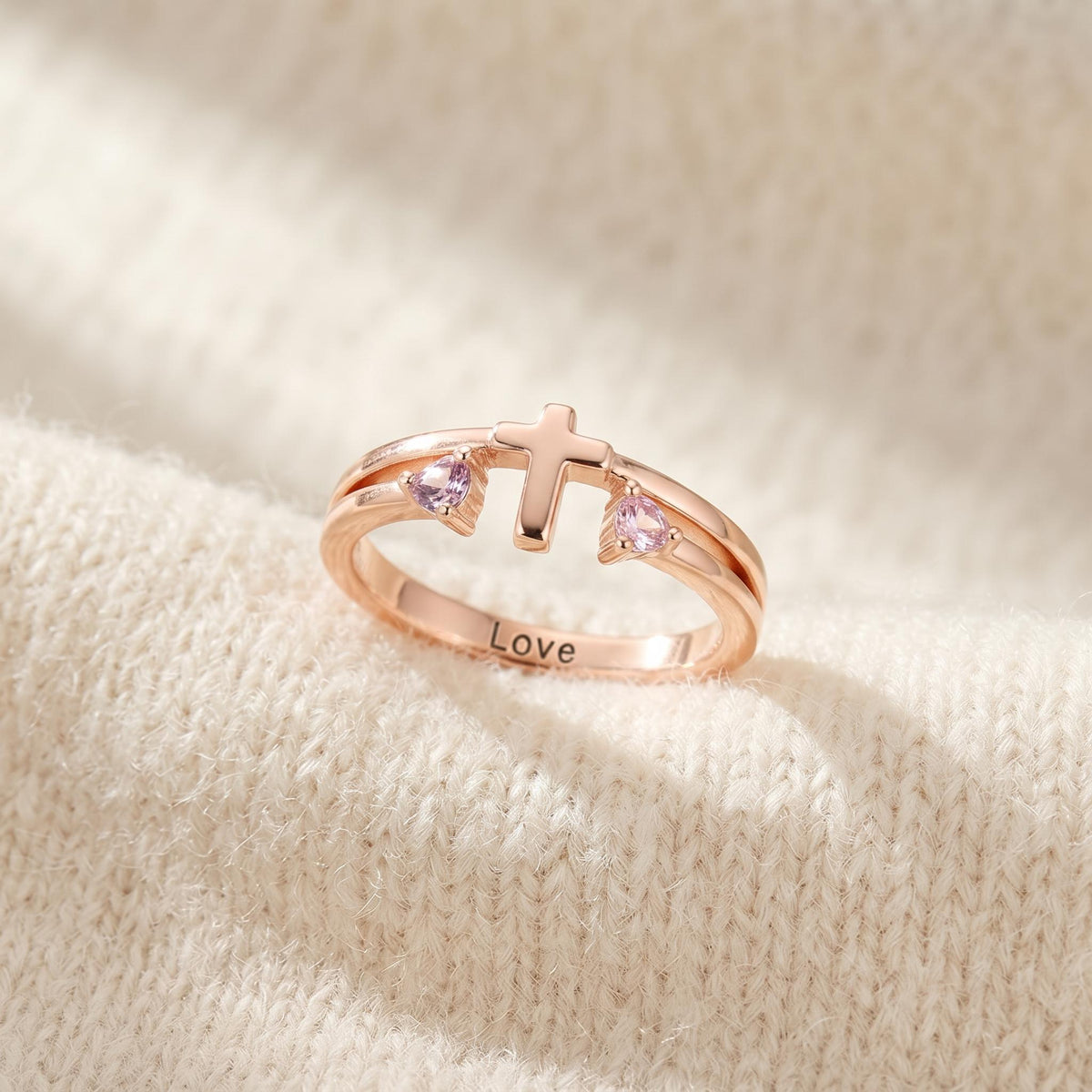 Custom Engraved Cross Ring with Two Birthstones