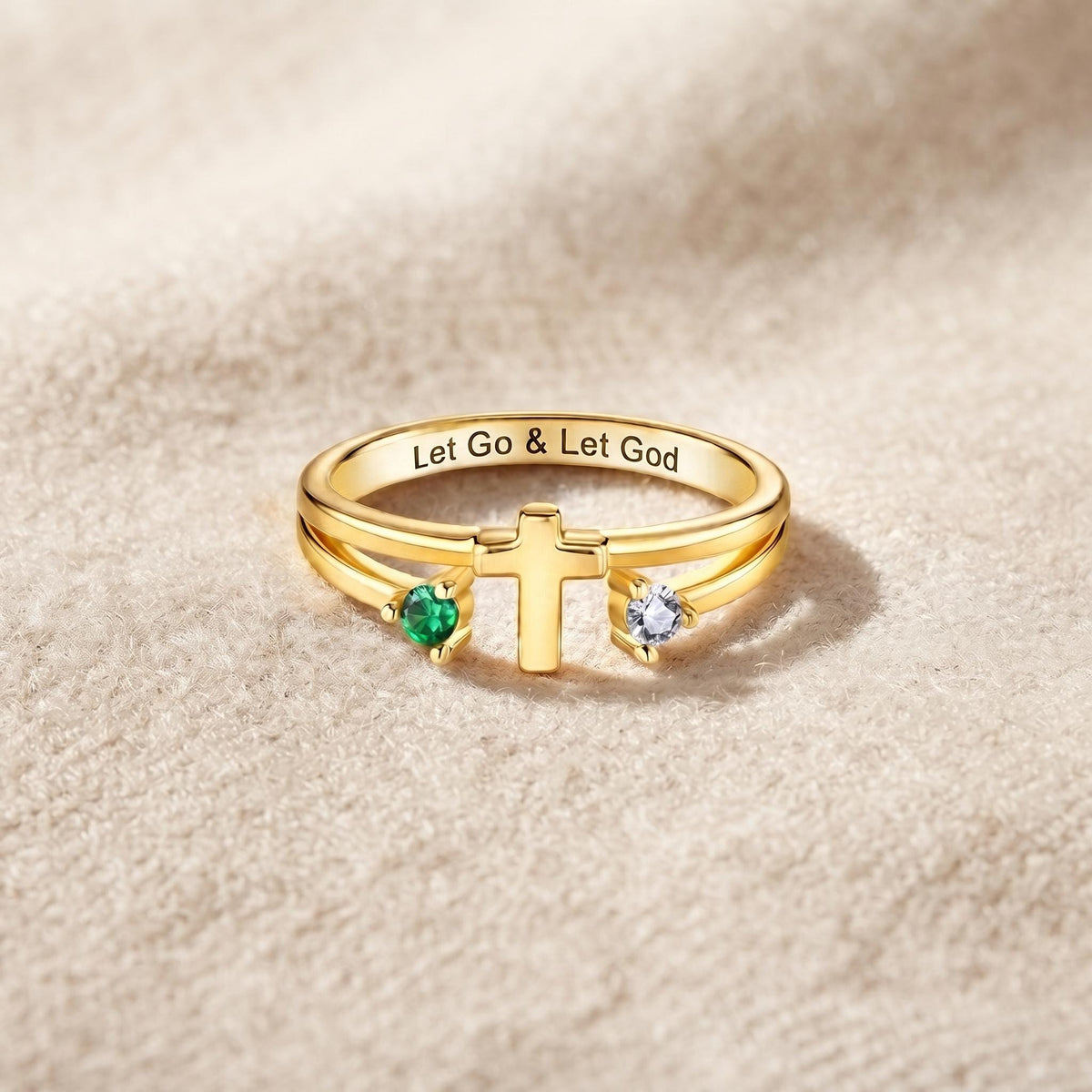 Custom Engraved Cross Ring with Two Birthstones