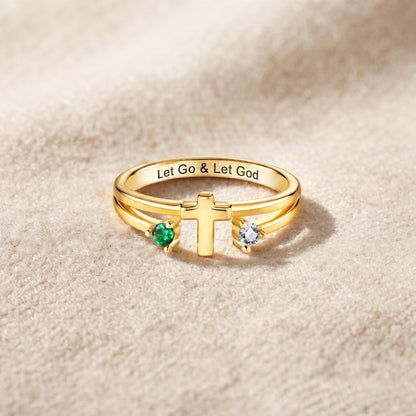 Custom Engraved Cross Ring with Two Birthstones