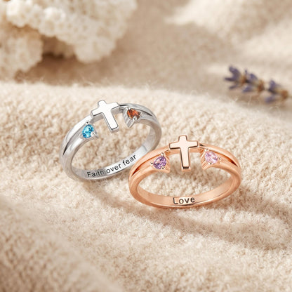 Custom Engraved Cross Ring with Two Birthstones