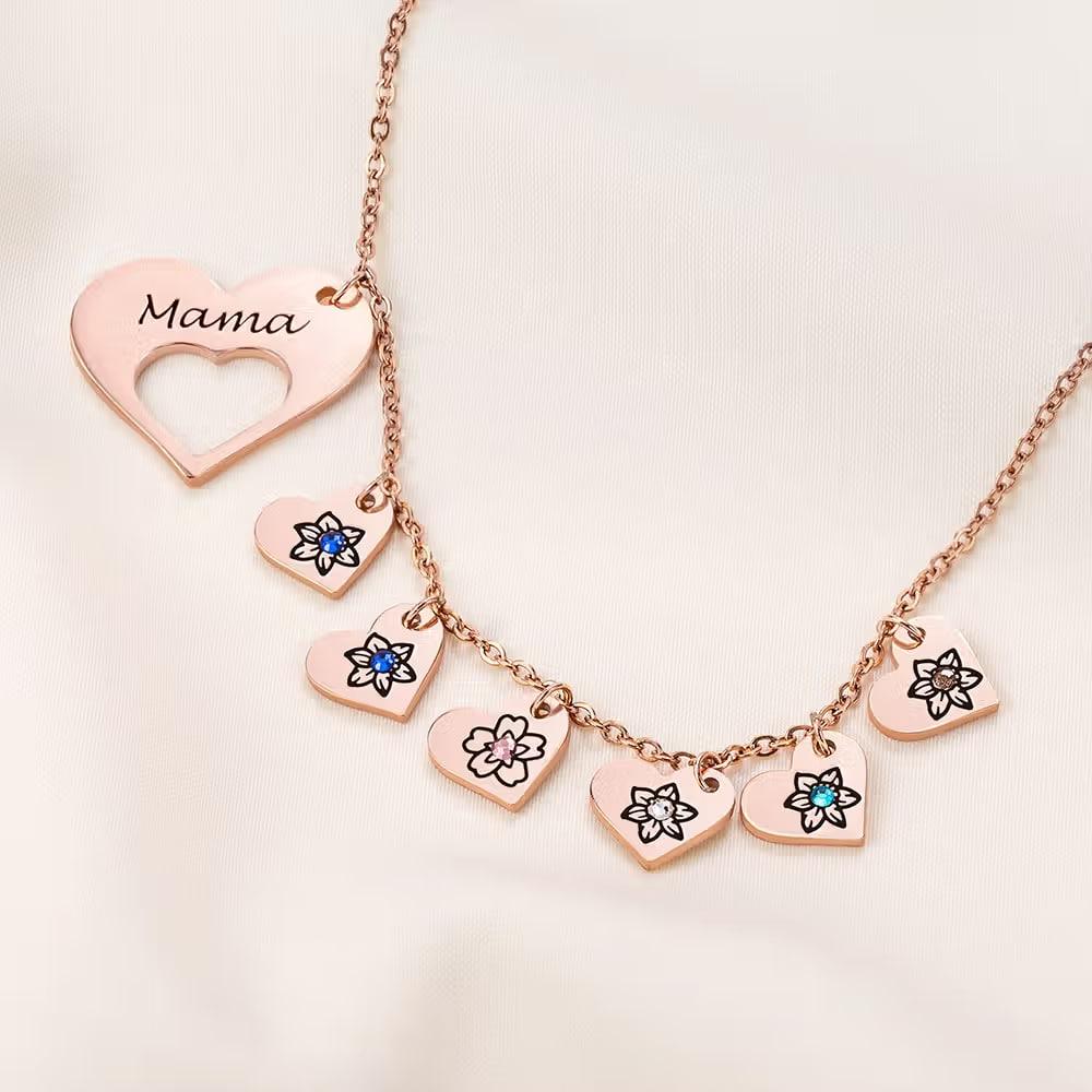 Birth Flower Heart Necklace with Birthstones & Names