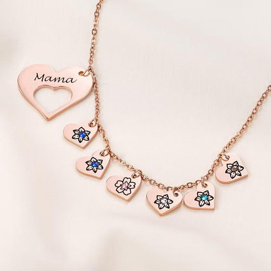 Birth Flower Heart Necklace with Birthstones & Names