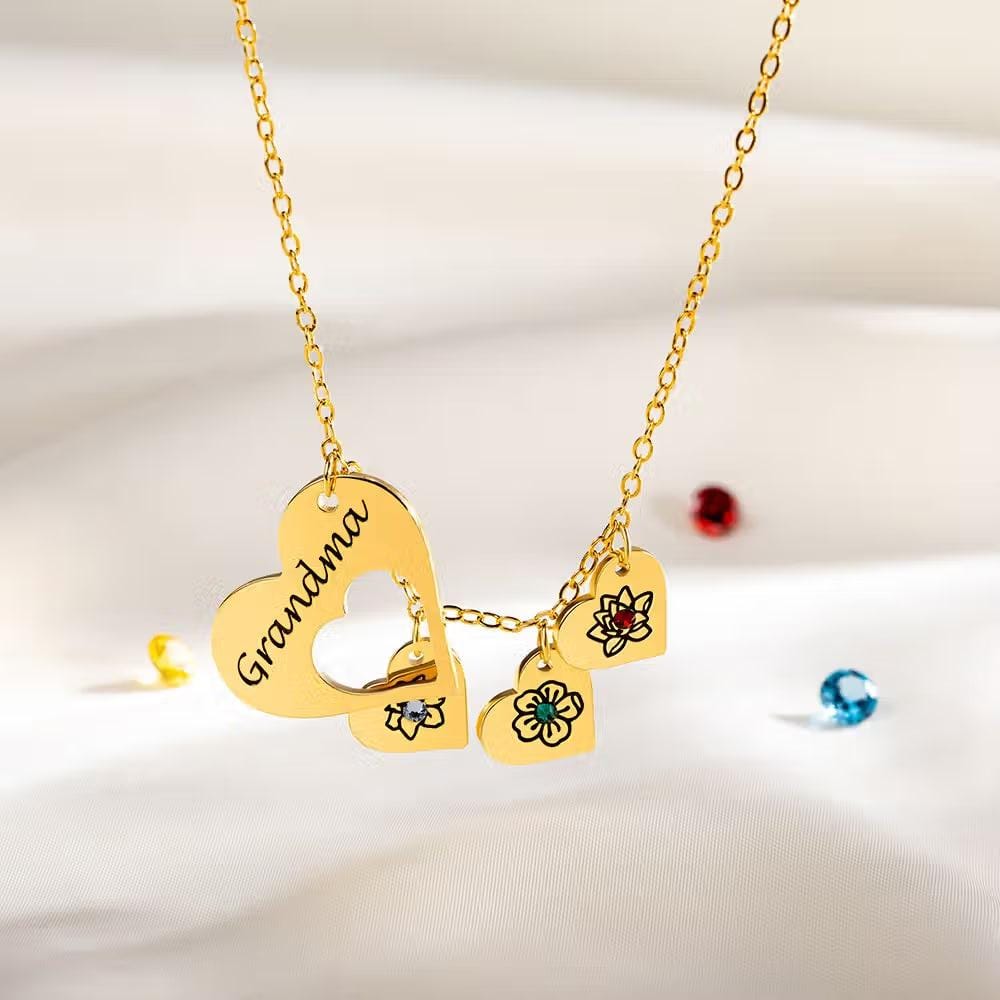Birth Flower Heart Necklace with Birthstones & Names