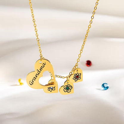 Birth Flower Heart Necklace with Birthstones & Names