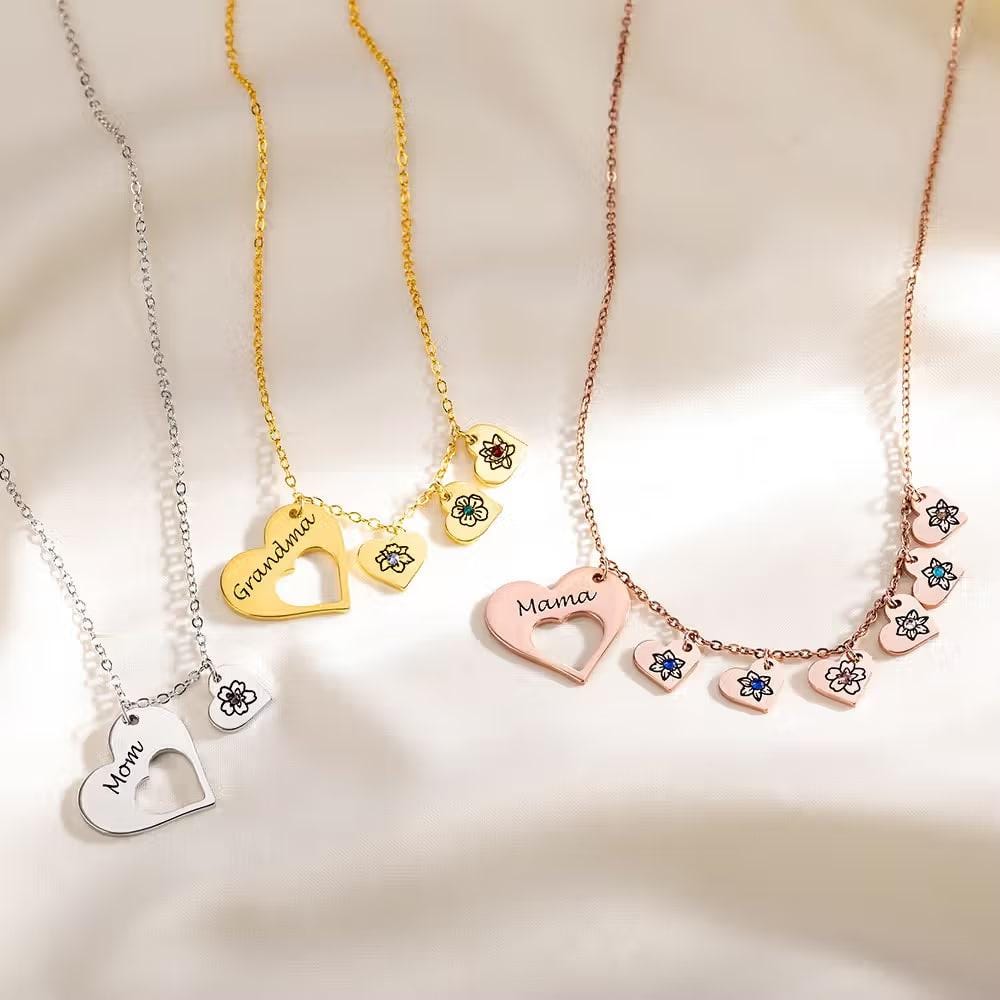 Birth Flower Heart Necklace with Birthstones & Names