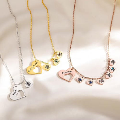 Birth Flower Heart Necklace with Birthstones & Names