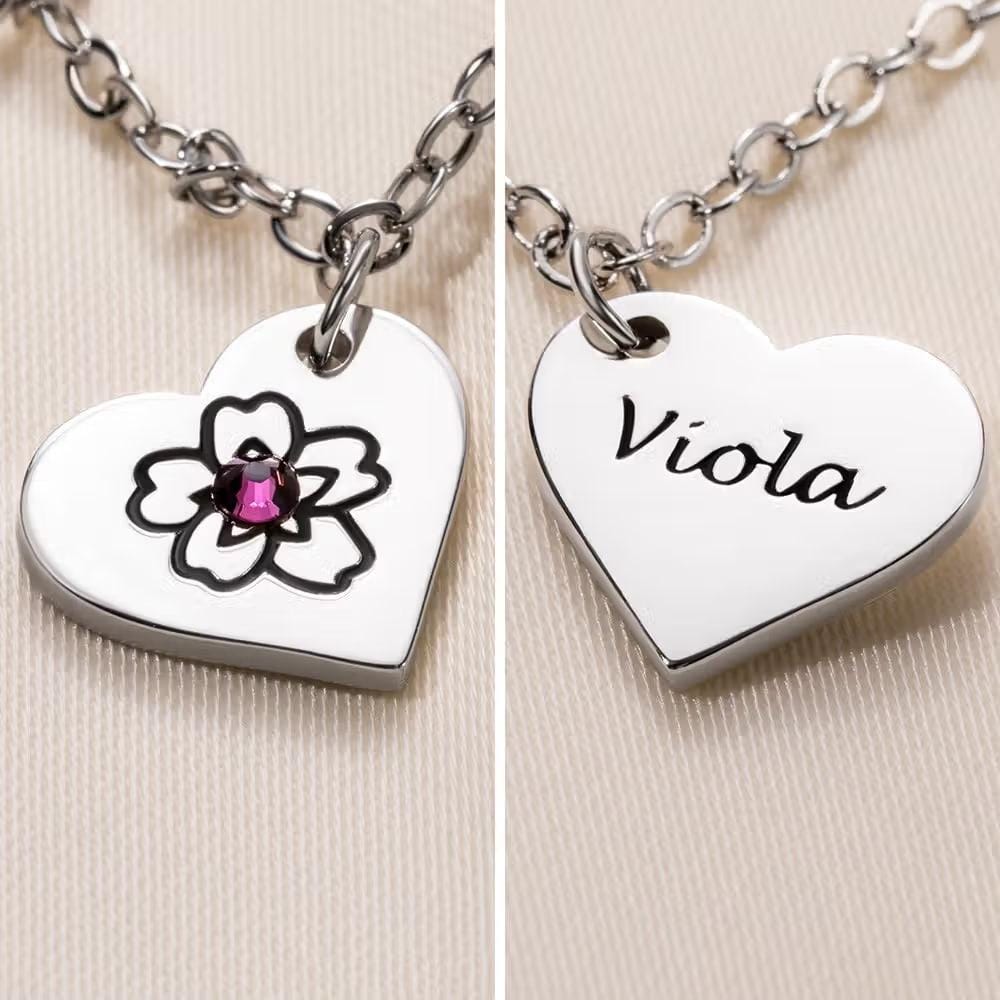 Birth Flower Heart Necklace with Birthstones & Names