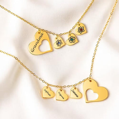 Birth Flower Heart Necklace with Birthstones & Names