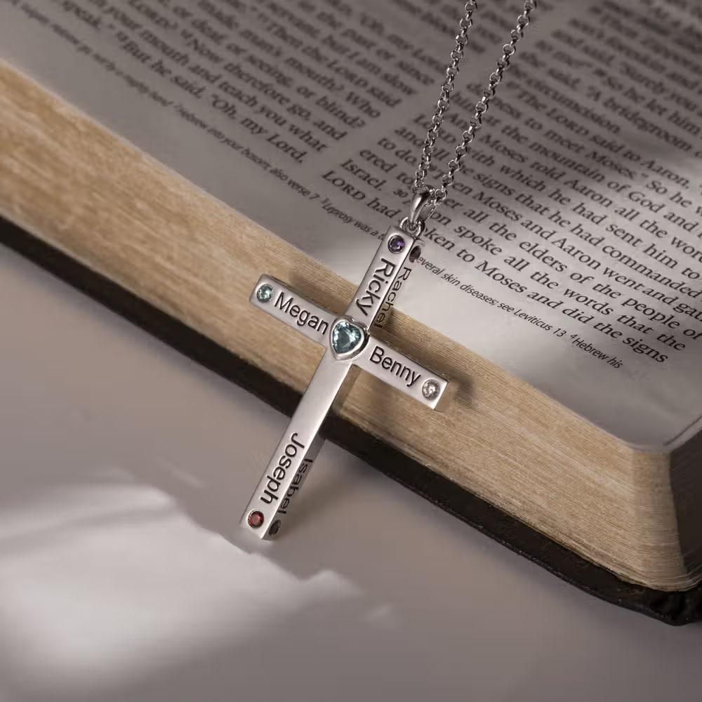 Heart Birthstone Family Cross Necklace with Names