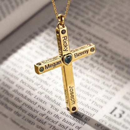 Heart Birthstone Family Cross Necklace with Names