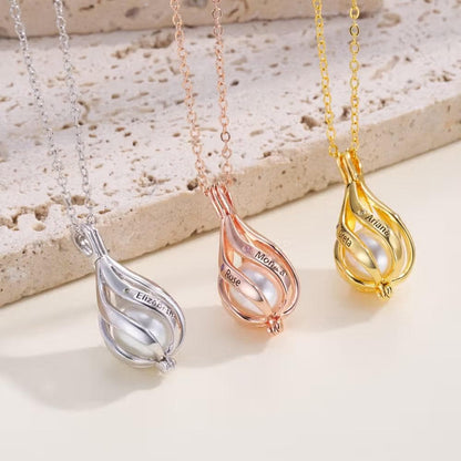 Custom Name & Birthstone Pearl Cage Necklace