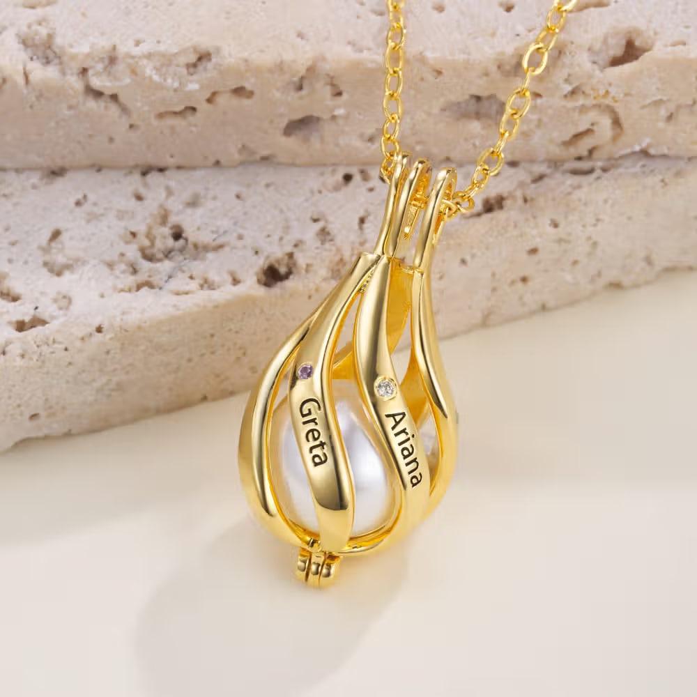 Custom Name & Birthstone Pearl Cage Necklace