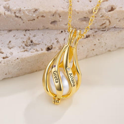 Custom Name & Birthstone Pearl Cage Necklace