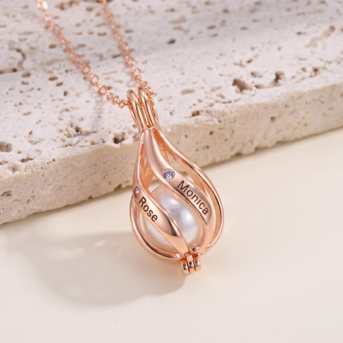 Custom Name & Birthstone Pearl Cage Necklace