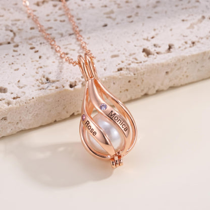 Custom Name & Birthstone Pearl Cage Necklace