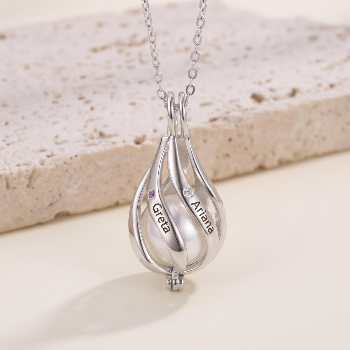 Custom Name & Birthstone Pearl Cage Necklace