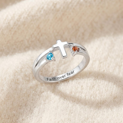 Custom Engraved Cross Ring with Two Birthstones