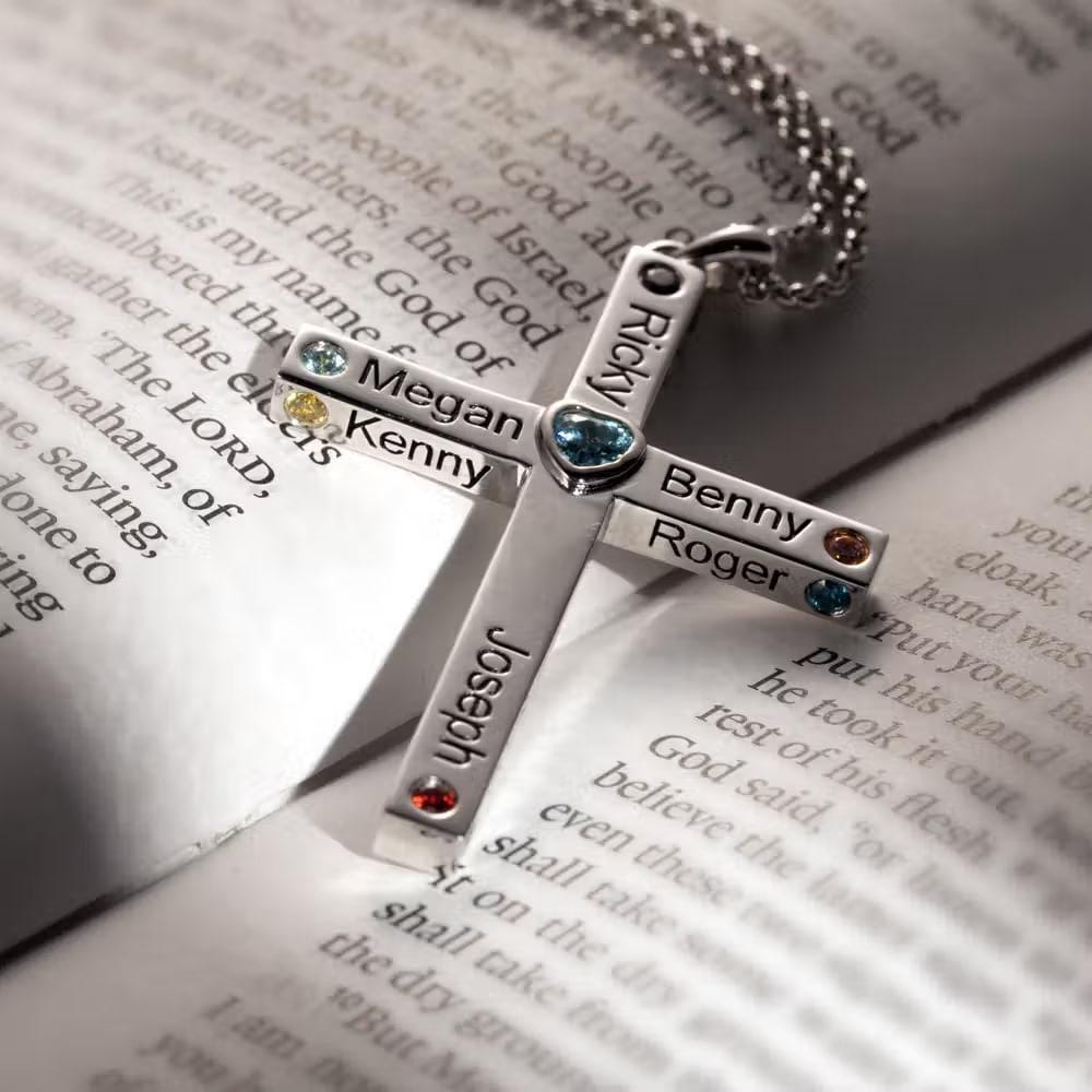 Heart Birthstone Family Cross Necklace with Names