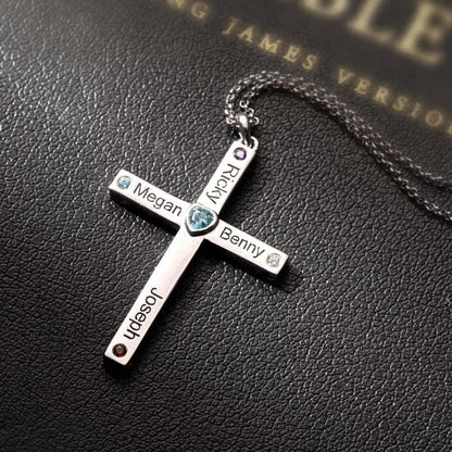Heart Birthstone Family Cross Necklace with Names