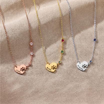 Personalized Name Paw Heart Necklace