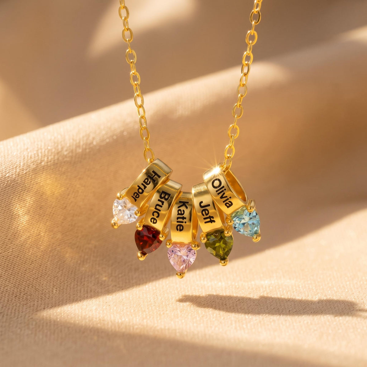 Ring Pendants Necklace with Names & Heart Birthstones