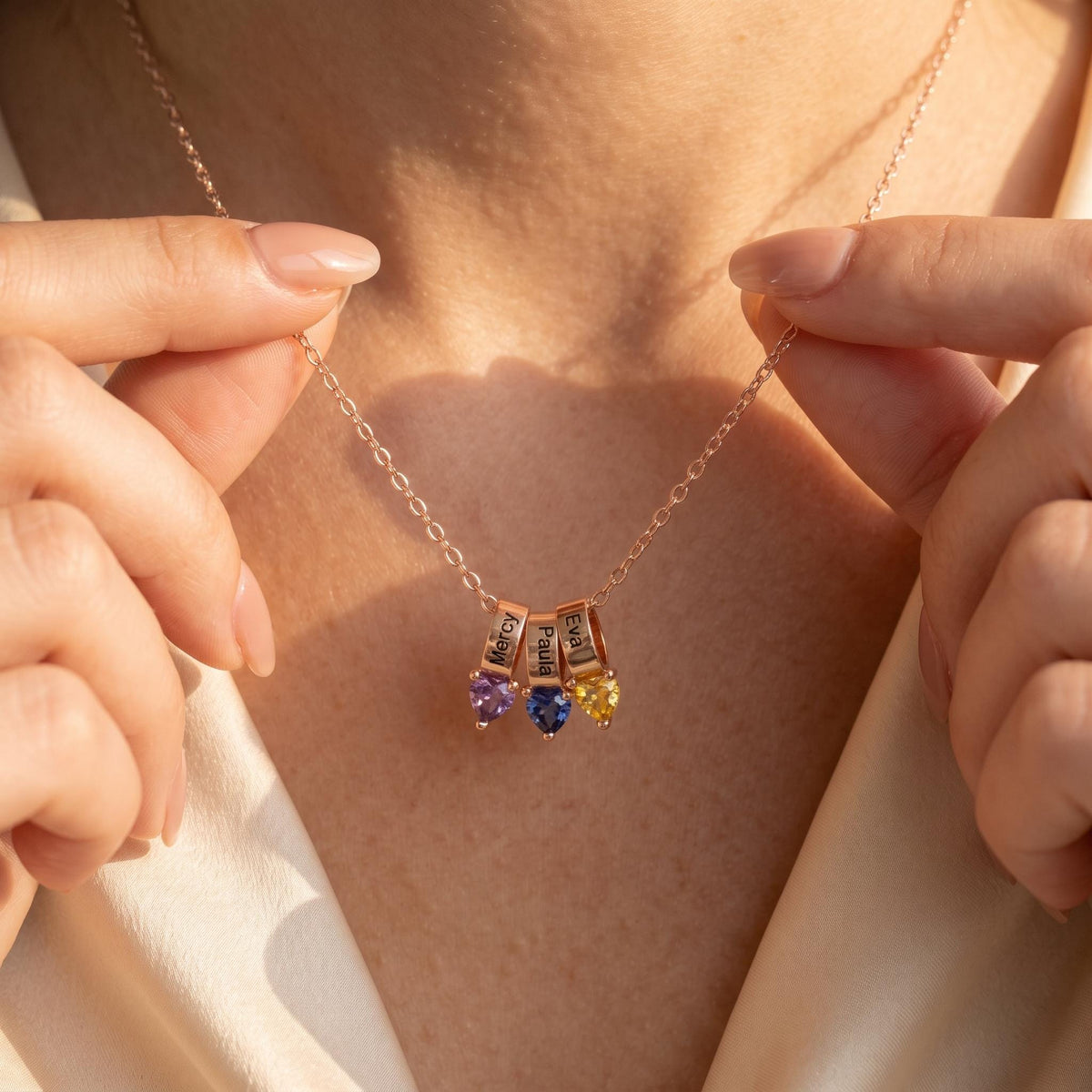 Ring Pendants Necklace with Names & Heart Birthstones