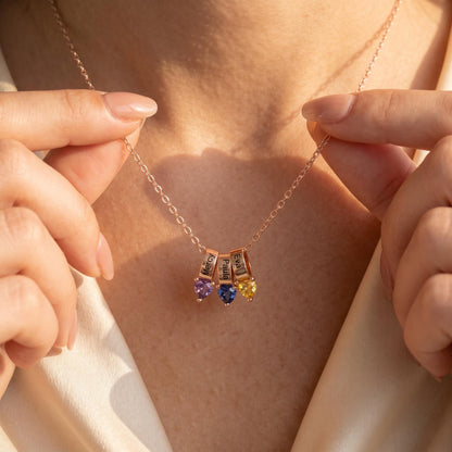 Ring Pendants Necklace with Names & Heart Birthstones