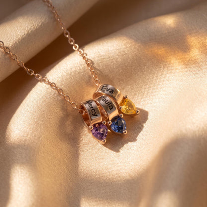 Ring Pendants Necklace with Names & Heart Birthstones