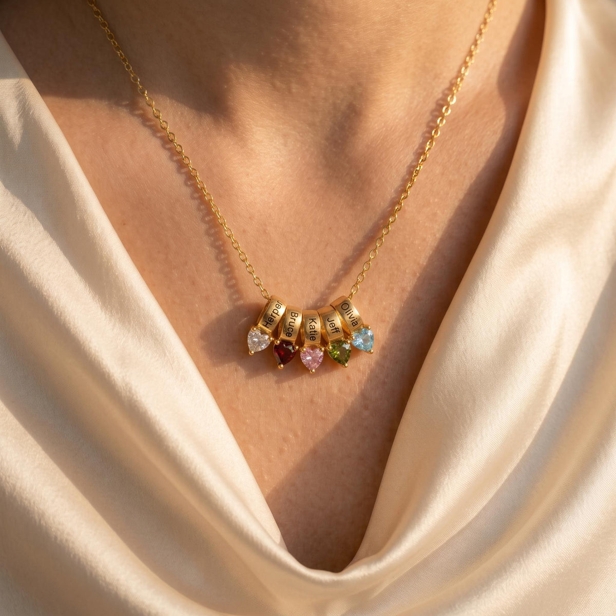 Ring Pendants Necklace with Names & Heart Birthstones