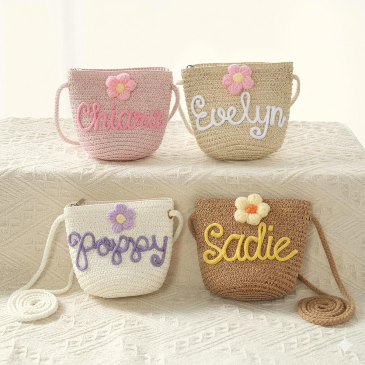 Custom Name & Flower Yarn Mini Straw Bag