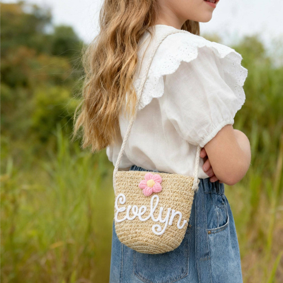 Custom Name & Flower Yarn Mini Straw Bag