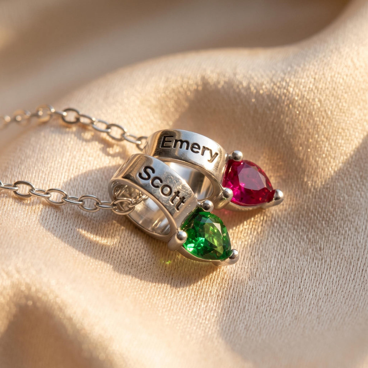 Ring Pendants Necklace with Names & Heart Birthstones