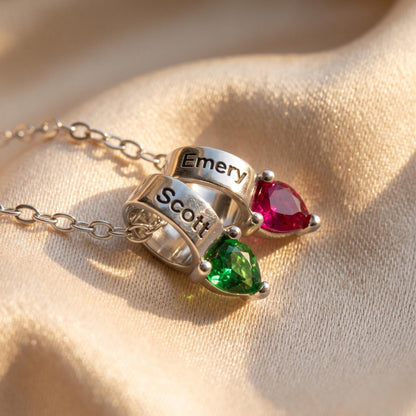 Ring Pendants Necklace with Names & Heart Birthstones