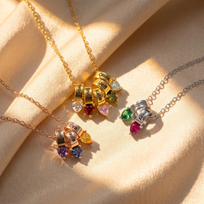Ring Pendants Necklace with Names & Heart Birthstones